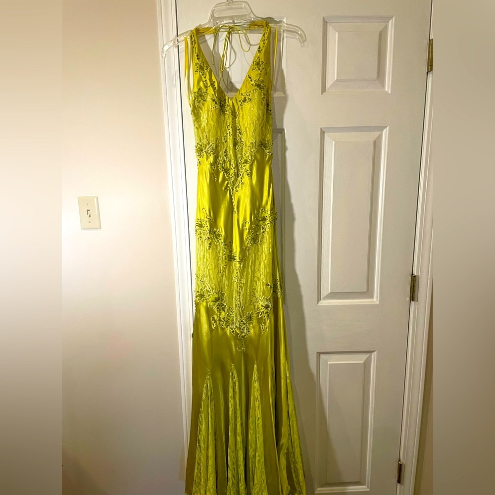 STUNNING Vintage Yellow/Green Beaded Satin Halter Gown
